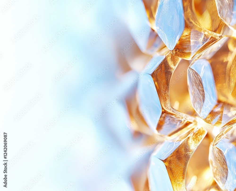 Poster abstract close-up of golden glass tiles reflecting light with soft blue highlights, creating a dynam