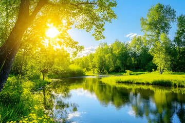 Sunny riverbank, lush green forest, calm water, summer day, nature background