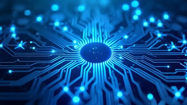 Glowing blue circuit board with central processor chip animation. Digital technology concept for Computer Science Day, Technology Week, Cyber Security Month, Innovation Festival and Digital Summit - Powered by Adobe