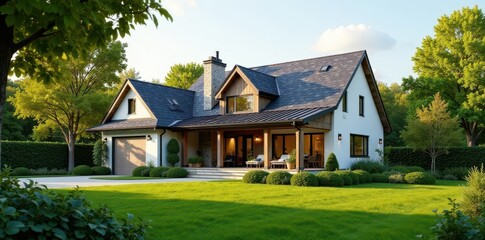 Obraz premium Modern farmhouse, meticulously landscaped yard, garden, exterior