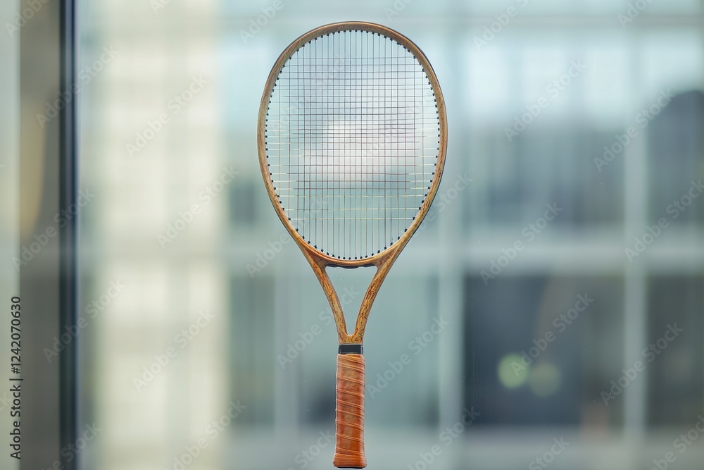 Poster a tennis racket hanging vertically in front of a transparent glass panel with natural daylight filte