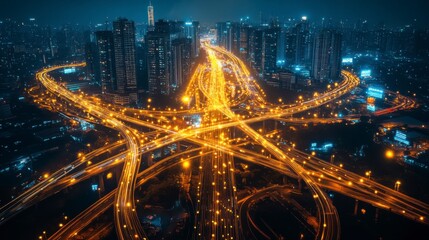 Fototapeta premium Nighttime Urban Landscape with Illuminated Highways and Cityscape
