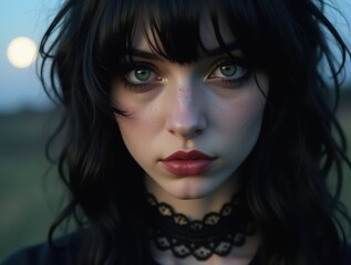 Fototapeta premium Gothic woman with black hair and lace choker posing at sunset