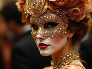 Elegant woman wearing venetian mask posing during Venice Carnival