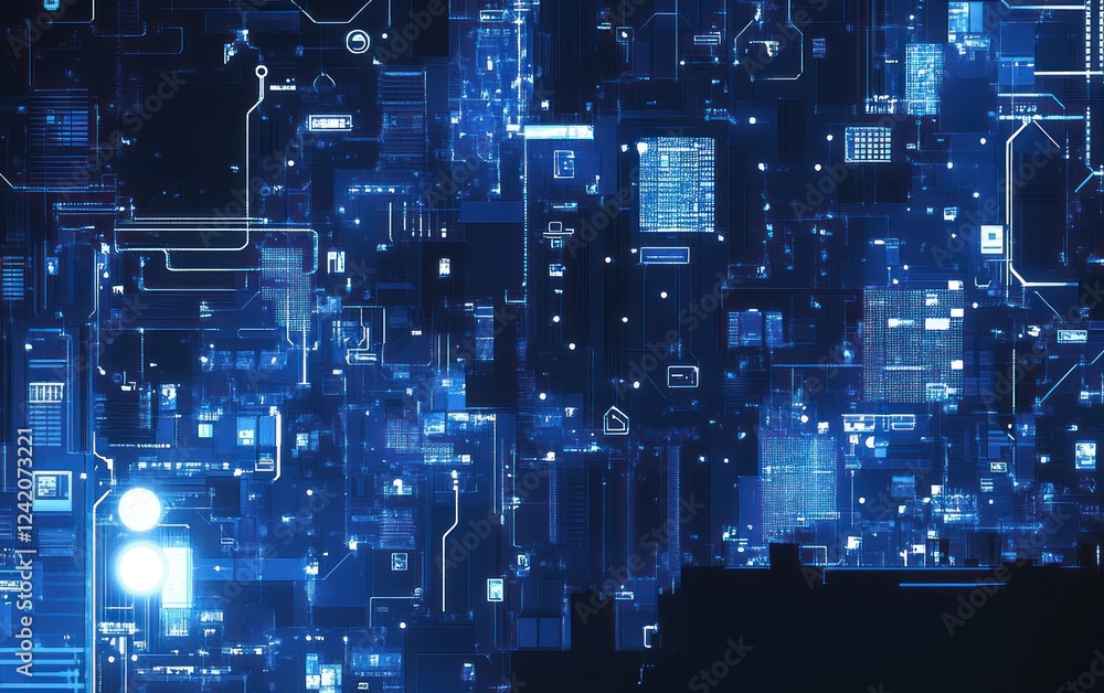 Poster glowing circuit board with city backdrop. technology background for presentations and website design