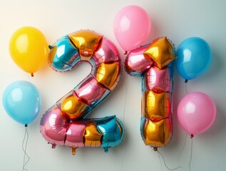 Colorful balloons form the number 21, celebrating a twenty-first birthday