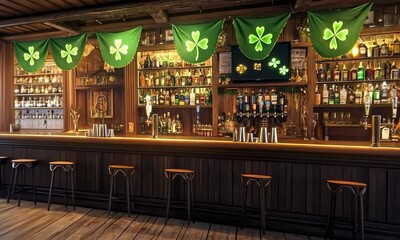 A cozy pub decorated with green banners and warm lighting.