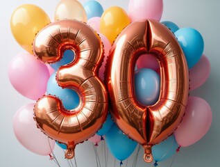 Colorful balloons forming the number 30 celebrating a thirtieth birthday