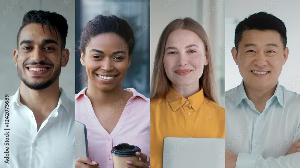 Poster four individuals with different backgrounds smile warmly while holding various items in a bright off