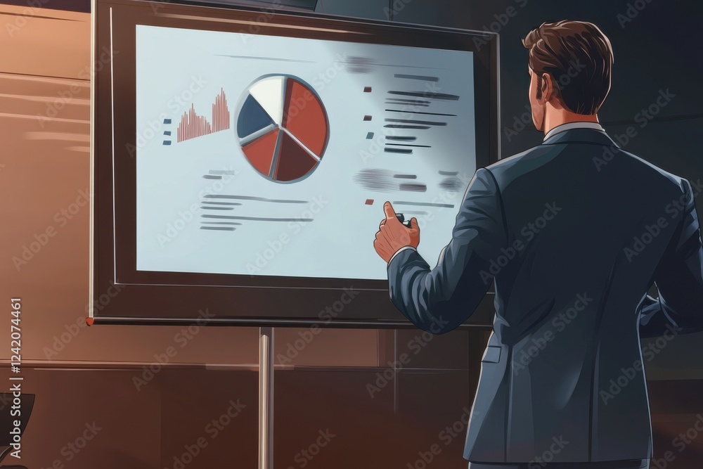 Poster professional executive giving a digital presentation with abstract background in warm lighting, feat