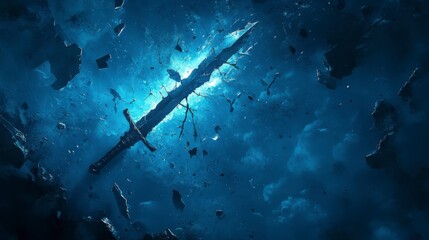Glowing Sword in Dark Space with Floating Debris and Light Rays
