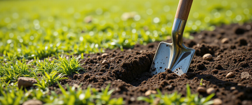 Shovel digging into dark soil surrounded by vibrant green grass under bright sunlight conveying a sense of nature and gardening
