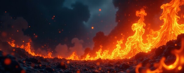 Fiery orange and yellow flames engulfing darkness , combustion, hot