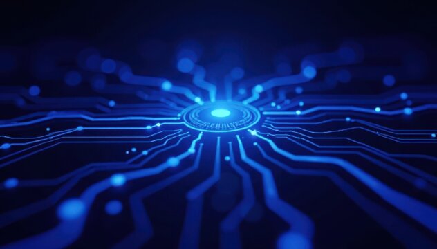 Intricate blue circuit pattern, vibrant glow, continuous animation loop , electric, computer