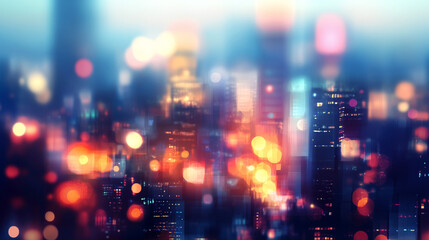 Blurred neon city lights in vibrant pink, blue, and orange hues, creating a dreamy and futuristic urban atmosphere with a cinematic effect