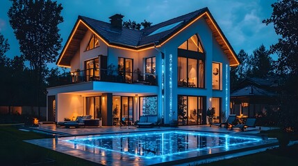 Luxurious AI powered Smart Home with Energy Efficient Architectural Design and Illuminated Pool at