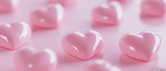 Translucent pink glass hearts scattered against a soft neutral background, creating a dreamy and romantic composition with delicate reflections