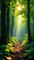 Obraz premium High angle shot, young forest, sunlight dappling leaves, bright, light