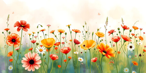 field of red flowers, Vibrant floral illustration with colorful blooms, Watercolor painting depicting a colorful field of wildflowers in bloom on a sunny day