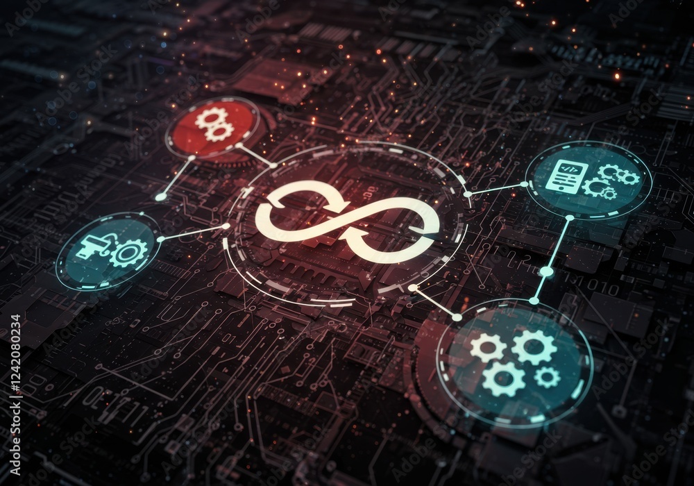 Poster innovative devops automation concept with digital circuitry and gear icons