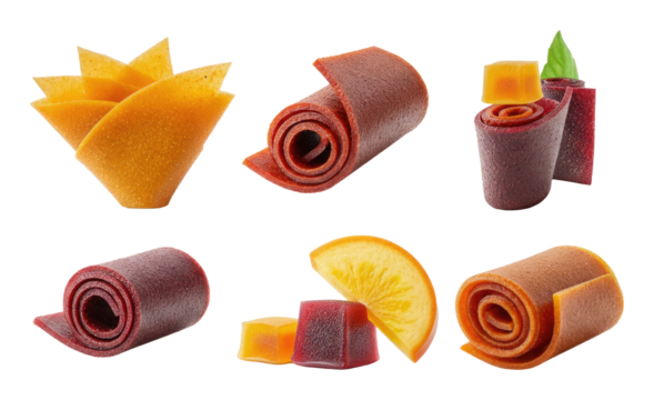 Assorted fruit leather and rolls in various shapes, flavors, colors