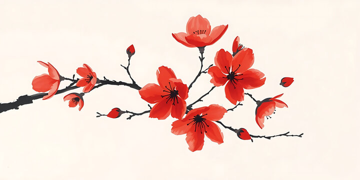Watercolor Paint Red Cherry Blossom Branch
