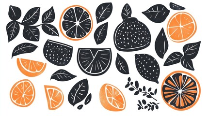 Citrus fruits, leaves, design elements; white background; food, recipe illustration