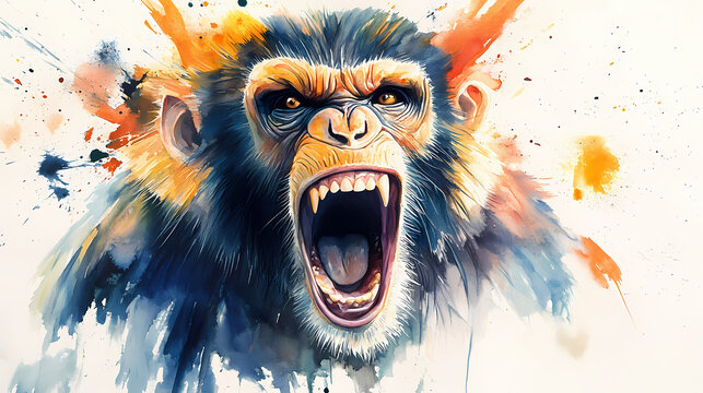 Dynamic watercolor depiction of an angry monkey expression jungle habitat art illustration animal kingdom close-up view evoking humor and emotion. Animal Kingdom Inspirations. Illustration