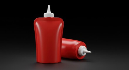 Naklejka premium Red squeeze bottle set against dark backdrop with dramatic lighting