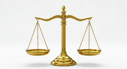 Golden balance scale symbolizing justice and fairness on white background