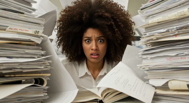 Overwhelmed woman surrounded by stacks of documents in office setting