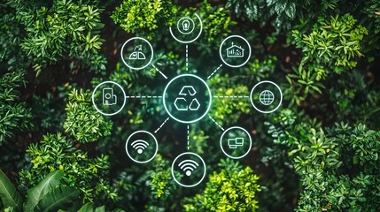 Aerial View of Dense Green Forest with Carbon Credit Icons and Soft Lighting