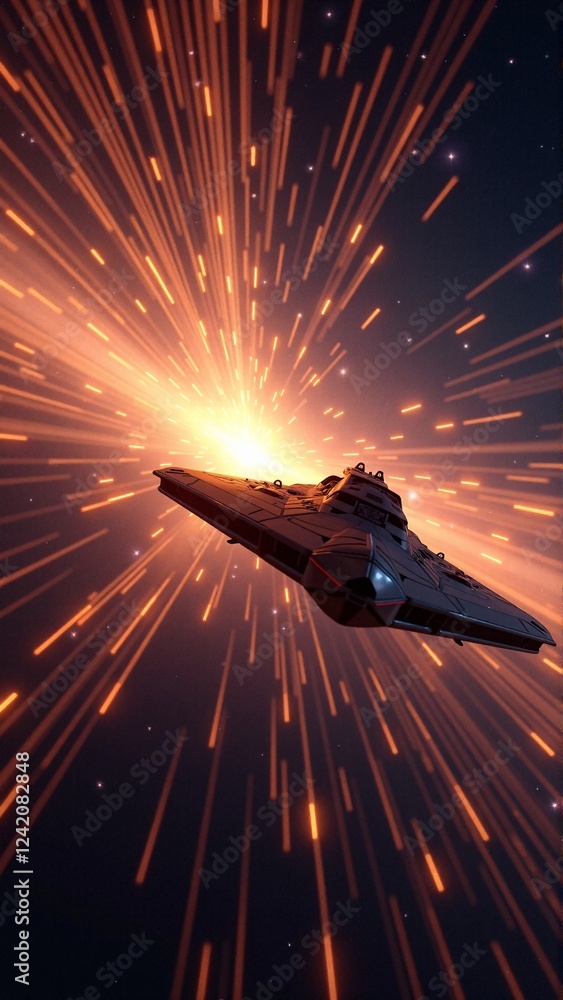 Poster spaceship navigating through cosmic lightburst in deep space adventure