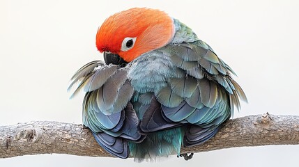 Colorful parrot perched on branch, grooming feathers in natural habitat, showcasing vibrant plumage and intricate details