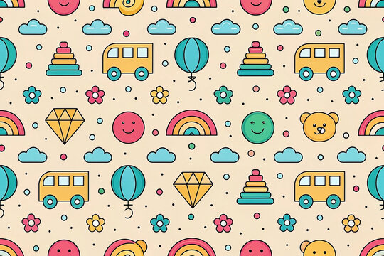 Colorful kids' toys seamless pattern background, design