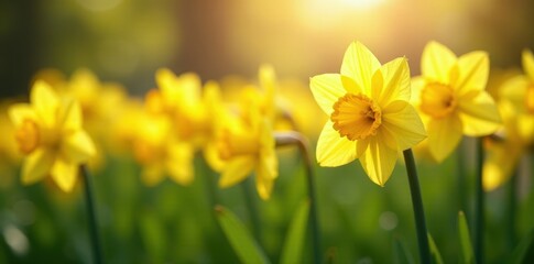 Obraz premium Dense cluster of daffodils, sunshine illuminating petals , nature, sunny