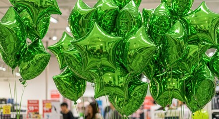 Shiny green star balloons cluster in store setting