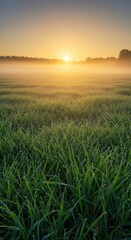 Fototapeta premium Serene sunrise over dewy grassland with misty horizon
