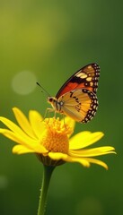 Fototapeta premium Delicate painted lady butterfly on bright yellow daisy, bokeh background , colorful, closeup