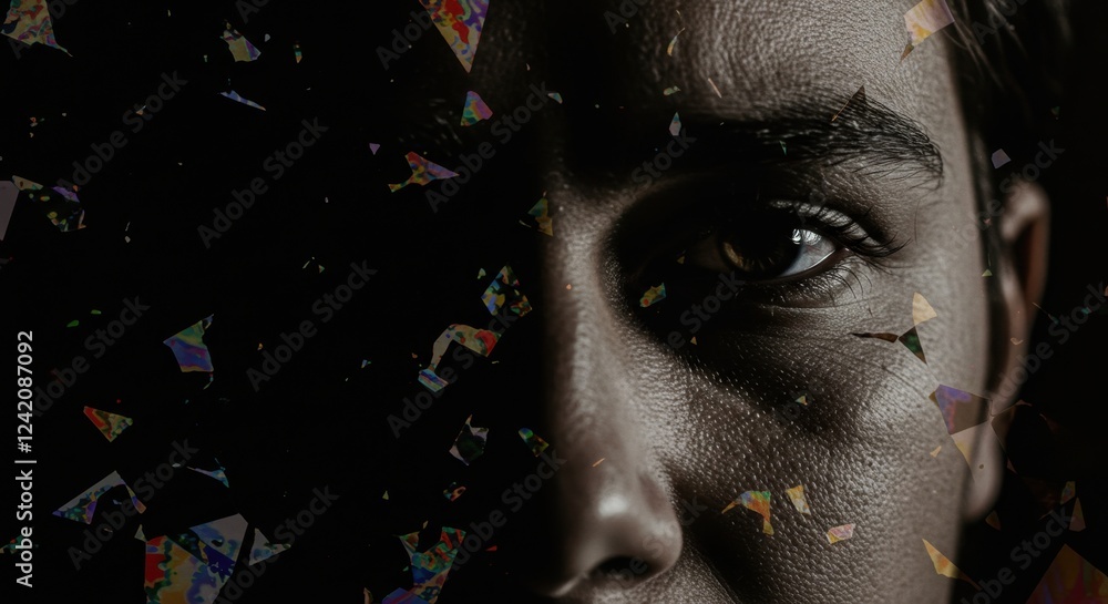Poster mosaic of reflection: close-up of a face intertwined with colorful fragments