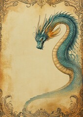 Vintage Dragon with Gothic Frame on Aged Tea-Stained Paper &ndash; Turquoise and Gold Scales, Fiery Amber Eyes, Decorative Invitation Design