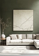 Modern 3D Living Room with Muted Green Walls, Gray Sectional Sofa, Abstract Poster, and Natural Light Accents