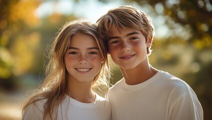 Fototapeta premium Portrait of a brother and sister smiling warmly at the camera, standing close together outdoors in a park setting. They both wear cream-colored sweaters. Autumnal colors are visible in the blurred