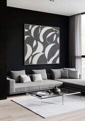 Minimalist Monochrome Living Room with Black Accent Wall and Abstract Art, Modern Gray Couch and Glass Coffee Table