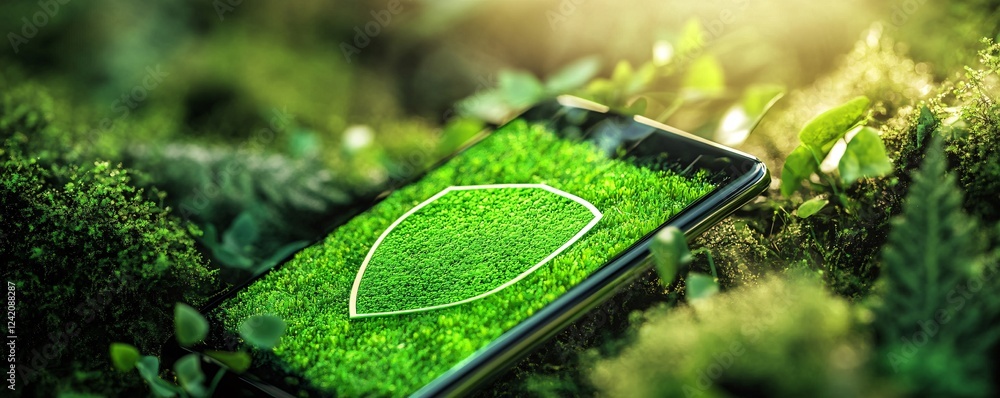 Aufkleber image: green shield displayed on smartphone resting on moss, symbolizing technology's role in enviro