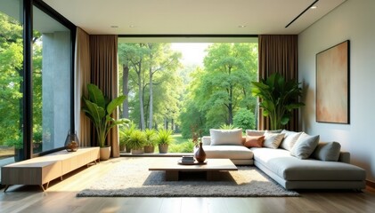 Fototapeta premium Minimalist living room, large window, green view, sunlight, interior