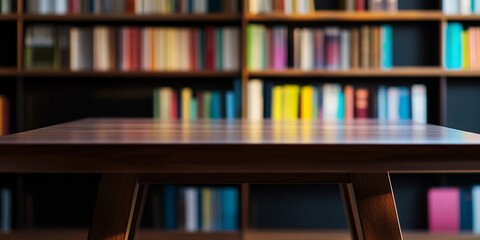 Modern Wooden Table with Sleek Design in Front of Contemporary Bookshelves, Minimalist Interior with Polished Finish and Deep Wood Tones