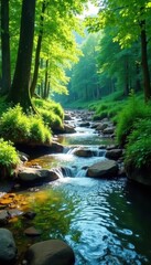 Obraz premium Crystal clear spring river flows through lush green forest, natural, peaceful