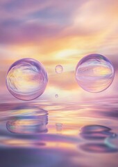 Surreal Floating Jelly-Like Water Droplets in a Dreamy Pastel Sky with Golden Sunset Glow
