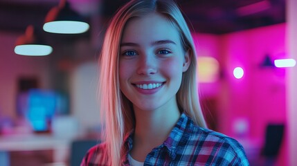 Fototapeta premium Smiling Young Female Software Developer in Casual Plaid Shirt with Blonde Hair in Modern Tech Office